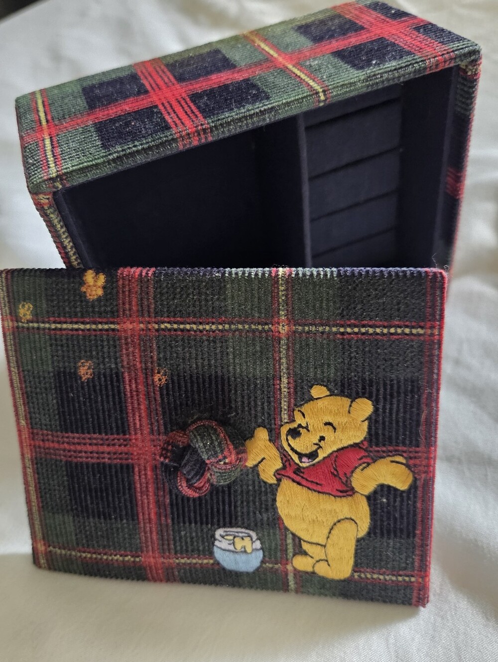 Y2K Vintage Disney Store Embroidered Winnie the Pooh Tartan Corduroy Jewlery Box